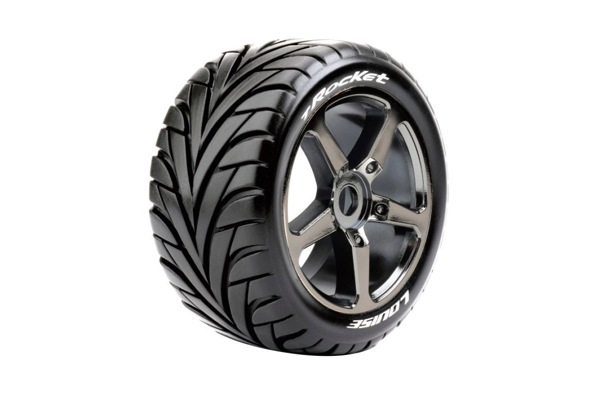 T-Rocket 1/8 Off-Road Truggy Tires, 0" Offset, 17mm on Black Chrome Spoke Rim, Front/Rear (2)