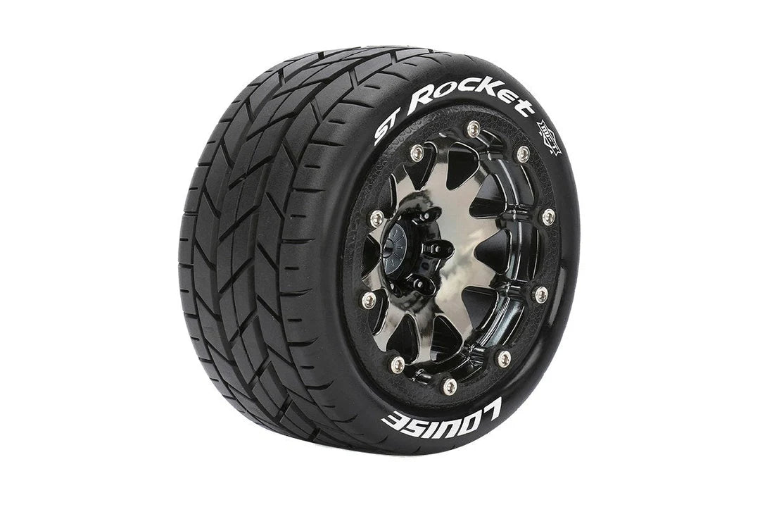 Louise Tires & Wheels Beadlock 2.8" 1/10 ST-ROCKET Soft Black Chrome 1/2 offset HEX 12mm Belted (MFT) (2)