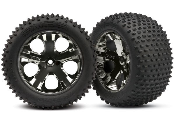 Traxxas REAR Tires & wheels, assembled, glued (2.8") All-Star black chrome wheels